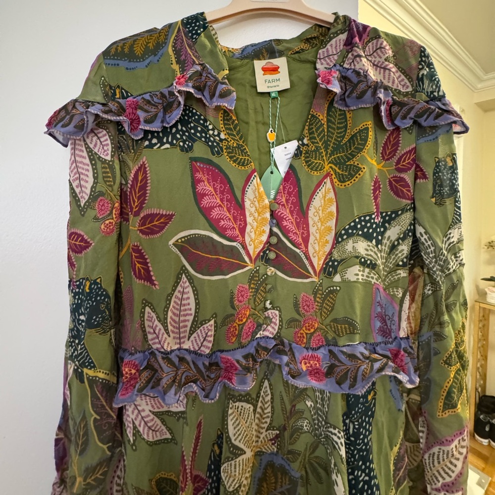 FARM Rio Olive Green Floral Midi Dress with Lavender Hem - Picture 4 of 12